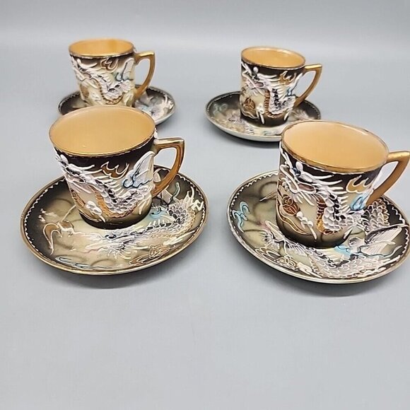 Vintage Rising Dragon ware Japanese Set of 4 Cups Saucers Sets Raised *flaws